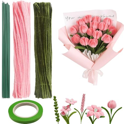 Canollo Tulpe Blumenstrauß Pfeifenreiniger Set, 170 Stück Pfeifenreiniger Rosa für Tulpenstrauß Bastelprojekte, mit Pfeifenputzer zum basteln Blumen (2 Farben),16 Stück Grün Basteldraht, Klebeband