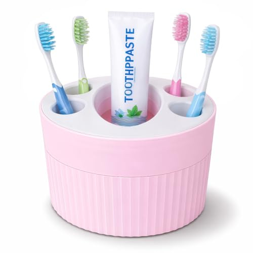 Toothbrush Holder for Bathroom Countertop, Multi-Slot Toothbrush Caddy with Drainage, Detachable Design, Non-Slip Base, Toothpaste Organizer (1, Pink)
