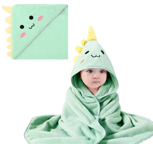YJSDDNTY 1 asciugamano con cappuccio per bambini, 80 x 80 cm, asciugamano con cappuccio e salvietta, asciugamani verdi dinosauri in tessuto non tessuto corallo