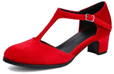 Escarpins Mary Jane rétro à talon bloc fermé bout rond fermeture à boucle confortables décontractées Oxford pour femme, Rouge, 38 EU