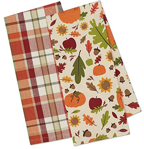 DII Printed & Plaid Fall Dish Towel Set, Cotton, Pumpkin Spice, 18x28