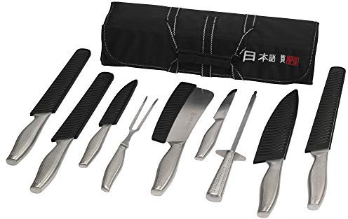 Ensemble de couteaux de chef Ross Henery de 10 pièces, couteaux de cuisine de style japonais, avec aiguiseur en acier et étui de transport en toile inclus.
