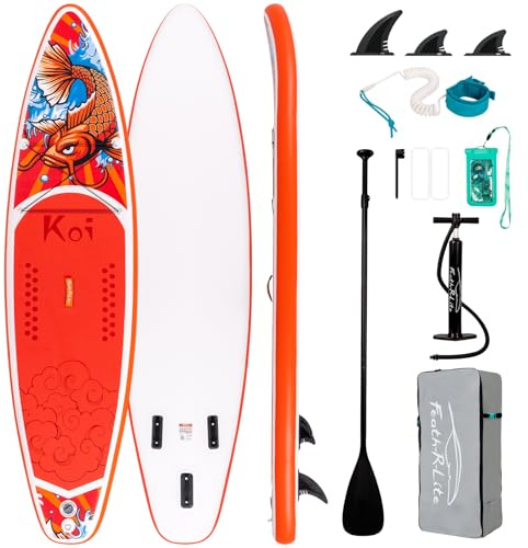 FEATH-R-LITE Inflatable Paddle Board Stand Up Paddleboards for Adults SUP with Premium Accessories Pump, Adjustable Paddle, Leash, Three Fins, Backpack (Red Koi)