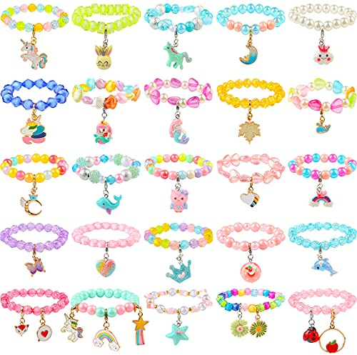 SOTOGO 55 Pieces Girls Bracelets Set Colorful Bracelets Princess Rainbow Unicorn Bracelet Charm Beaded Dress up Party Favors Bracelet for Kids Girls