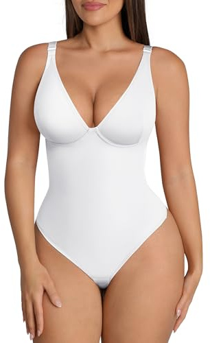 FeelinGirl Shapewear Damkropp Djup V-ringning Midjeformande Bodysuit Tanga Formande Bodys Mode-Shaper med Breda Axelband