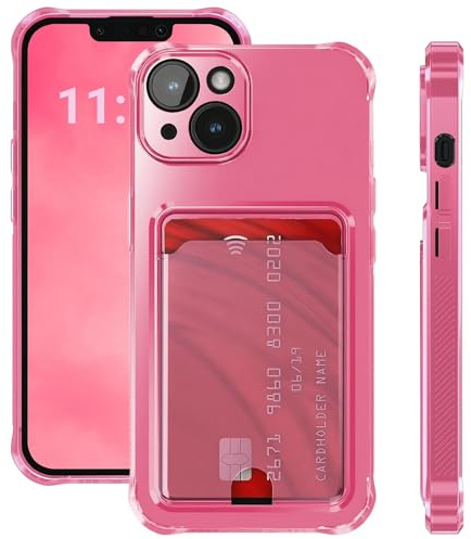 ELEVAVIDA Coque pour iPhone 14 rose transparente avec porte-cartes et protection de caméra - coins antichoc, étui de protection pour Apple iPhone 14 rose fin