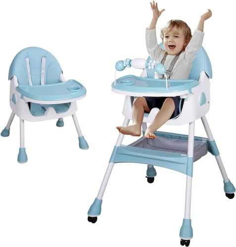 Tronas de Bebé Ajustable Trona Portatil Multifuncional Silla de Comer para Bebé con Plato Desmontable de Cena y Cinturón de Seguridad, 72x60x94CM (azul)