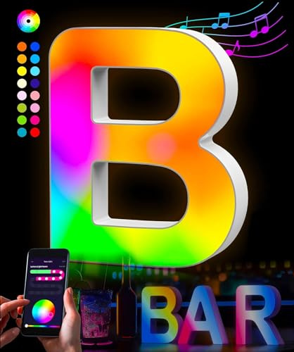 Kimimara LED Buchstaben Lichter Alphabet – LED Brief Licht mit USB-Netzteil, APP-Kontrolle, Musik Sync, Dimmbar – für Geburtstag, Weihnachten, Hochzeit, Party, Valentinstag, Festival & Zimmer Deko, B