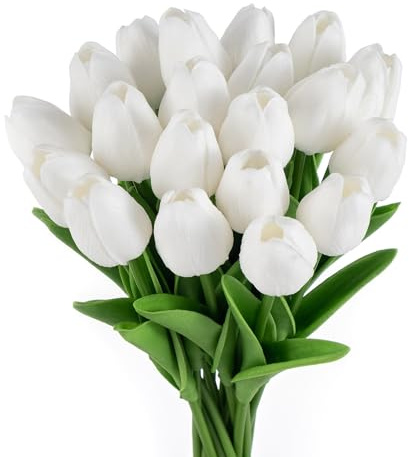 20 fiori artificiali, bouquet di tulipani finti, tulipani finti realistici al tatto, bouquet di fiori per feste, matrimoni, giardino, casa, ufficio, decorazione bianca