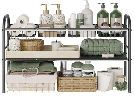 NETEL Under Sink Storage, 2 Tier Expandable Under Cabinet Organizer Shelf with 4 Baskets and 4 Panels, Expandable Shelf for Cupboard, Kitchen, Bathroom, Shoe Storage Rack