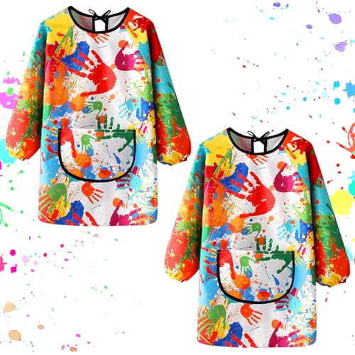 KASURE 2 Pièces Tablier Enfant, Blouse Peinture, Imperméable et Résistante à la Saleté pour La Peinture, Graffitis Colorés L pour Les Hauteurs de Corps de 120 à 140 cm