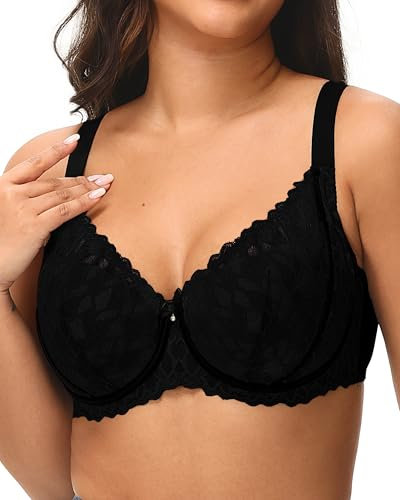 Svmer Women‘s Lace Bra Plus Size Comfortable Ladies Support Underwire Push Up Bra All Black 36DD