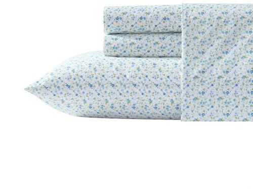 Laura Ashley – drottninglakan, supermjukt bomull percale bäddset med matchande örngott, andningsbara nödvändigheter (Evie Blue, Queen)