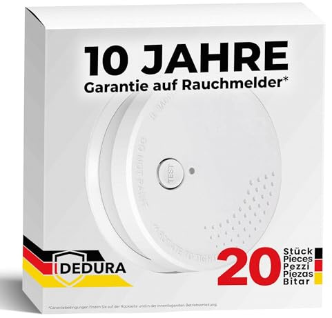 Rauchmelder 20er Set - 10 Jahre Garantie mit 9V Batterie austauschbar - nach DIN EN14604 von BSI zertifizierter Feuermelder, Rauchwarnmelder und Brandmelder