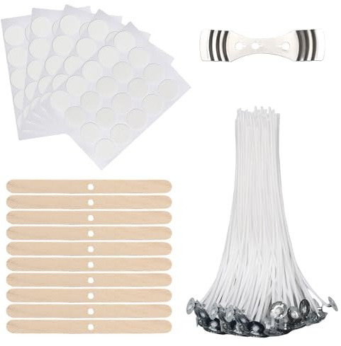 Kit de Mechas para Velas - 100 Mechas de Algodón con Longitudes de 15 cm Incluye Adhesivos Soportes de Madera y Soportes Metálicos para DIY en la Fabricación de Velas y Candelabros