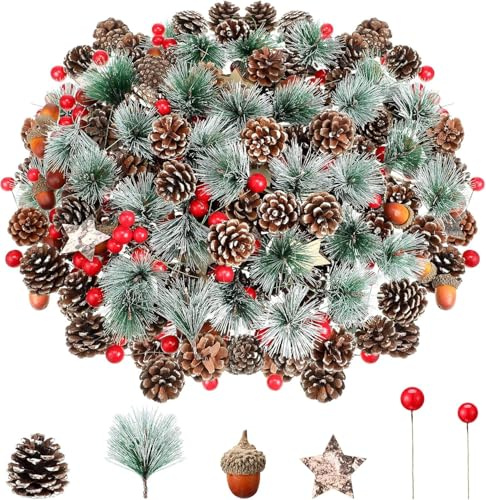 LATERN 108Pcs Christmas Artificial Pine Cone Red Berry Set, 24Pcs Pine Cones, 12Pcs Pines Branches, 12 Pcs Acorns, 12 Pcs Wooden Stars, 48Pcs Red Berries - Christmas Wreath Tree Ornament Craft Decor