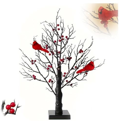 Árbol vintage luminoso con cardenales, lámpara con ramas iluminadas que funciona con pilas, ambiente otoñal encantador, decoración navideña para el hogar y decoración de temporada. (1 set)