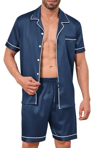Elainone Conjunto de pijama de seda de satén para hombre, manga corta, dos piezas, ropa de salón con botones y bolsillos, azul marino, 3XL