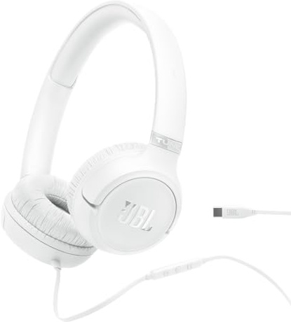 JBL Tune 530 C, Trådbundna USB-C On-Ear-Hörlurar, Vit | Mikrofon, Bekväm Passform, JBL Pure Bass-Ljud, EQ-Förinställningar, Hopfällbar Design och Trasselfri Platt Kabel