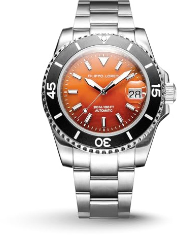FILIPPO LORETI Aquadiver Men's Diving Watch 200M Automatic 40mm Stainless Steel Case Gift for Men Italian Inspired, Red Agate Dial - Silver Sst Case and Bracelet, Bracelet