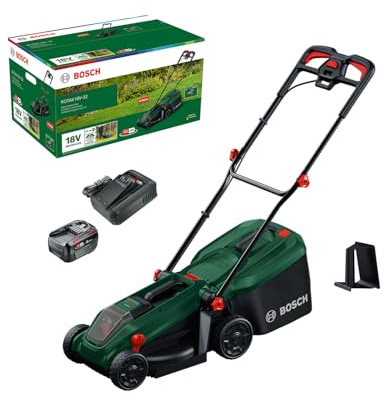 Bosch Rasaerba a batteria ROTAK18V-32 (larghezza di taglio: 32 cm, altezza di taglio: 25-65 mm, sacco raccoglierba in tessuto da 35 l, tappo per pacciame, inclusi batteria e caricabatteria)
