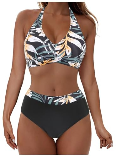 Dam 2-delad bikini hög midja sexig push up vadderad platt mage retro tryck semester fri A115