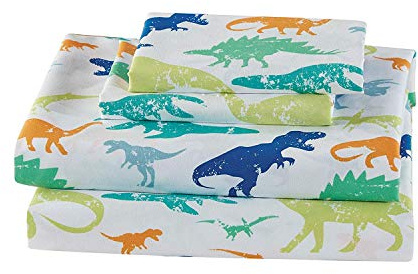 Elegant Homes Green Blue Orange Dinosaur Design Fun Printed Sheet Set with Pillowcases Flat Fitted Sheet for Boys/Kids/Teens (Dinosaurs Green, Queen Size)