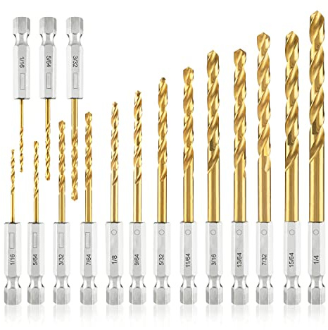amoolo Hex Shank Drill Bit Set (13Pcs Set+3 Pcs Free), Premium 4341 HSS Titanium Impact Hex Drill Bits for Wood, Steel, Metal, Plastic, Quick Change Design (1/16 -1/4 )
