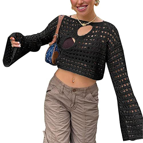 ZZLBUF Y2K Streetwear Pull court à manches longues en crochet pour femme, 01 - Noir, M