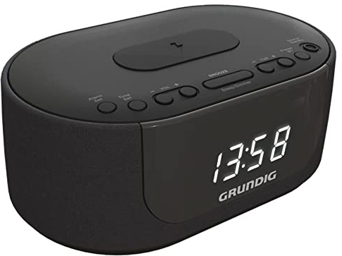 grundig, SCC400, Radio sveglia FM Caricatore Induzione, Doppio Allarme, Luminosità regolabile, Display Bianco, Funzione BT, Porta USB Caricabatterie, Nero, per Comodino