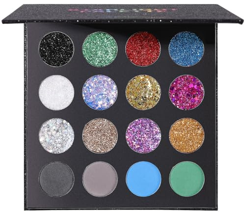 UCANBE Glitter Eyeshadow Makeup Palette - 12 Face Body Chunky & Fine Pressed Glitter + 4 Eye Shadow Powder Make Up Pallet for Theater Party Cosplay Halloween Christmas, Highly Pigmented Ultra Shimmer