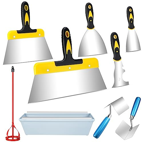 Lasnten 9 Pcs Drywall Knife and Drywall Corner Tool Set Includes Paint Scraper Knives Inside Outside Stainless Steel Corner Trowel, 16 Mud Pan Mixer with Soft Grip Handle for Wallpaper