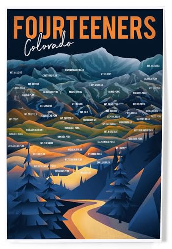 Lantern Press 8x12 Inch Art Print Wall Decor, Colorado, Fourteeners, Mountain Range and Names