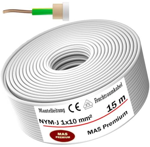 MAS Premium 5-100m Feuchtraumkabel Stromkabel Mantelleitung NYM-J 1x1,5, 2,5, 4, 6, 10, 16 oder 25 Elektrokabel OFC Ring für feste Verlegung (NYM-J 1x10 mm², 15m)