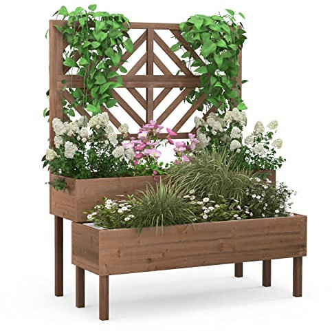 COSTWAY Blumenkasten mit Spalier aus Tannenholz, Gartenspalier mit 2 Rankkästen, Pflanzkasten für Kletterpflanzen, Hochbeet mit Rankgitter & Drainageloch, Blumenkübel für Garten Hof Balkon (Braun)