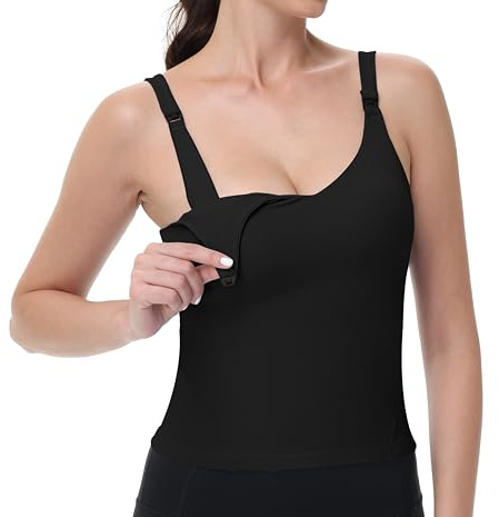 V VOCNI Nursing Tank Tops for Breastfeeding Workout Crop Top Longline Nursing Sport Bra Maternity Bras for Pregnancy Black Large