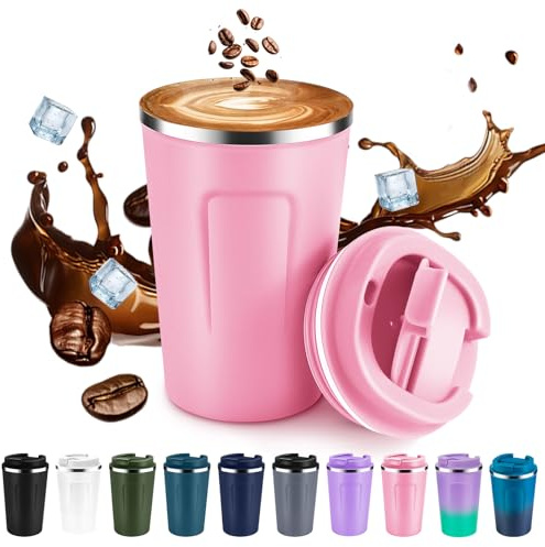 Volhoply Tazza da caffè da viaggio a doppia parete isolata con coperchio a ribalta, riutilizzabile, in acciaio inox, a prova di perdite, portatile, adatta per bevande calde e fredde (rosa, 1 set)