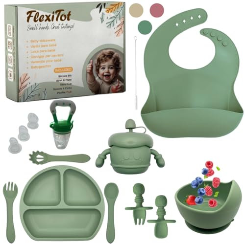 FlexiTot Juego Vajilla para Bebe de Silicona, Set Vajilla bebe BLW Completo con Platos y Cubiertos, Vajilla Infantil de Aprendizaje, Plato con ventosaa,+6 Meses, Chupete Fruta, Verde