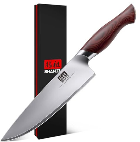 SHAN ZU Coltello da Chef Giapponese 20cm Affilatissimo, Coltello da Cucina Lama 5 Strati Acciaio Inox 10Cr15MoV, Impugnatura Ergonomica Legno di Pakka - OKINAWA Series