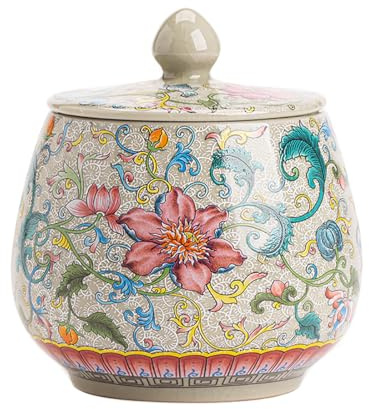 Sizikato Porcelain Tea Jar with Lid, Colorful Enamel Floral Pattern, 10 Oz.
