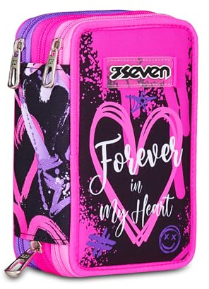 Seven Federmäppchen, Mäppchen, Mehrfarbig, Federtasche für Schreibwaren, Etui gefüllt mit Bleistiften, Filzstiften, Schulmaterial, mit 3 Fächern, Mädchen, Schule - Grundschule, XXL, rosa