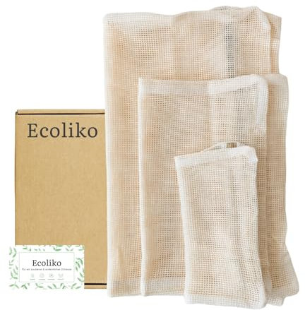 Ecoliko Wäschenetz aus Baumwolle für Waschmaschine, Wäschebeutel-Set (3 Stück) für BHs | Babykleidung | Feinwäsche, geruchsneutral & ohne Mikrofaser, Beige (S, M, L)