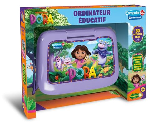 Clementoni - Ordinateur éducatif interactif Dora l’Exploratrice – 30 activités ludiques pour Apprendre Lettres, Chiffres, logique et Musique – Jouet éducatif Enfant 4 Ans+
