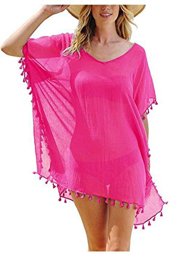 Women See-through Bikini Cover Ups Fringe Beach Bathing Suit Blouse Summer Sexy See Through Mini Dress Swimwear (A-Pink, One Size)