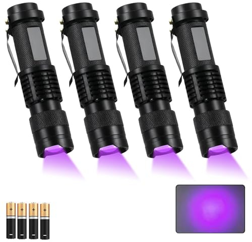 GOMETY 4 linternas UV de luz negra, 395 nm LED mini lámpara UV pequeña luz ultravioleta con enfoque ajustable luz negra linterna para geocaching tectore orina de animales domésticos búsqueda de ámbar