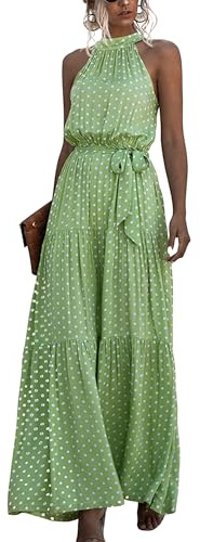 EFOFEI Mujer Halter Cuello Vestidos Fiesta Boho Vestido Fuera Hombro Elegante Vestidos Sin Mangas Verano Largo Vestido Punto Verde L