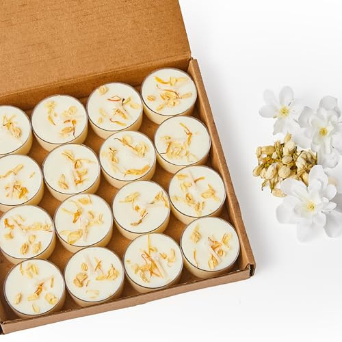 Ashlux Velas de té de cera de soja de jazmín, paquete de 16 unidades – 4 horas de combustión larga, sin parafina, sin humo, velas de té para bodas, centros de mesa, decoración del hogar y Navidad