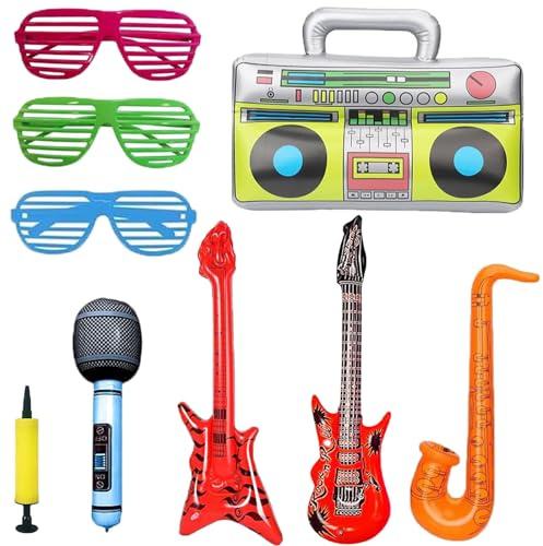 Powerruif 9 stycken uppblåsbara instrument leksaksset, luftgitarrer att blåsa upp uppblåsbara rekvisita set foto rekvisita festtillbehör bordsdekoration födelsedag karneval nyårsafton dekoration