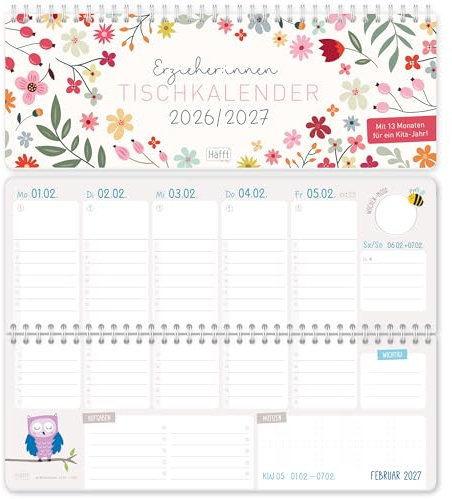 Häfft® Tischkalender Erzieher & Erzieherinnen 2026/2027 „Wild Flower“ – Kita-Planer 13 Monate (Aug 26–Aug 27) – Wochenkalender für Kindergarten & Kita – Querformat, Ringbindung