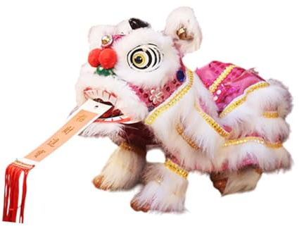 Chinese Marionette Lion Toy with Rod for Cultural Gatherings, Pink White